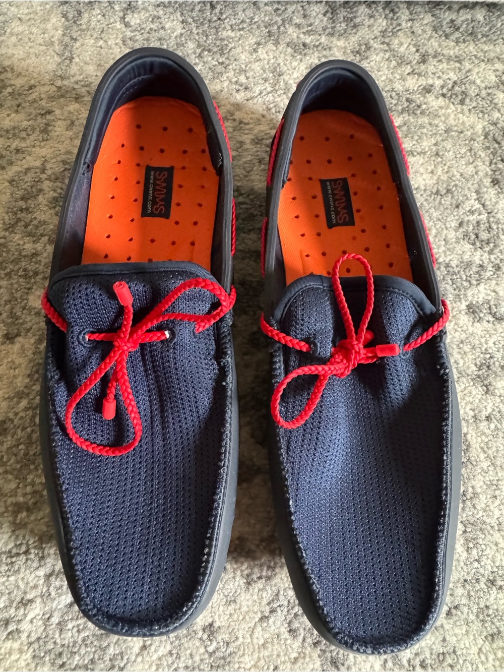 Men’s Swims Navy Mesh Boat Shoes with Red Laces and Orange Insoles